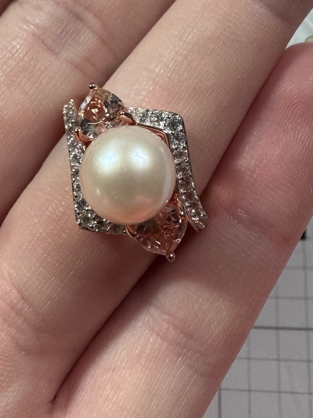 Freshwater Pearl Zircon 18k Rose Gold Over Silver Ring Size 7